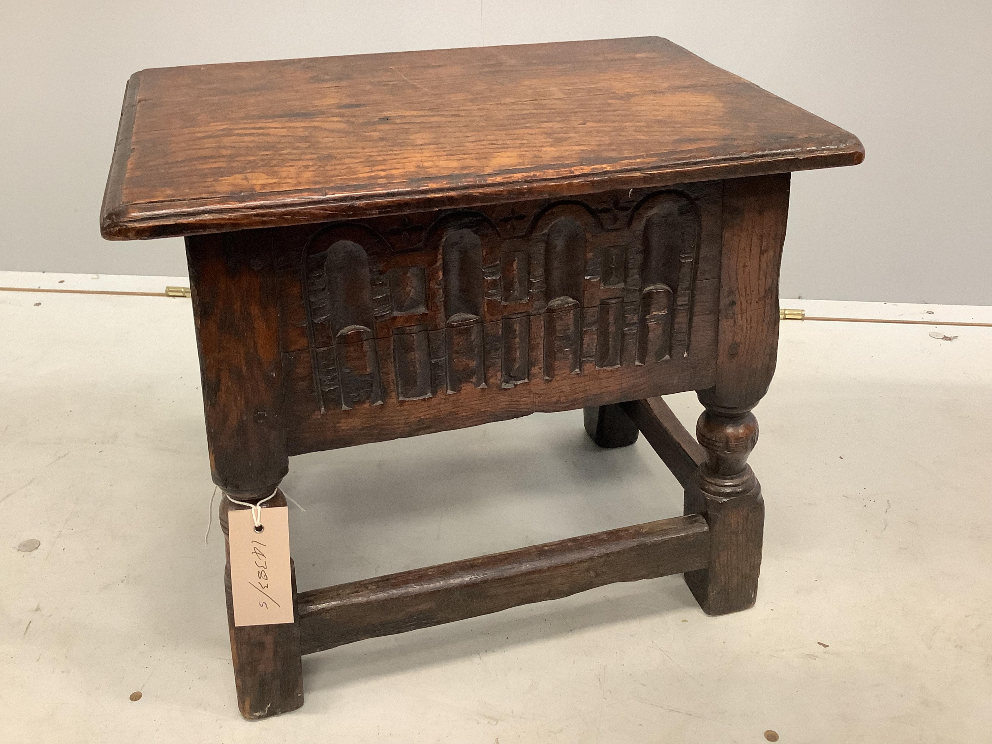 A 17th century style oak box seat joint stool, width 40cm, depth 28cm, height 37cm